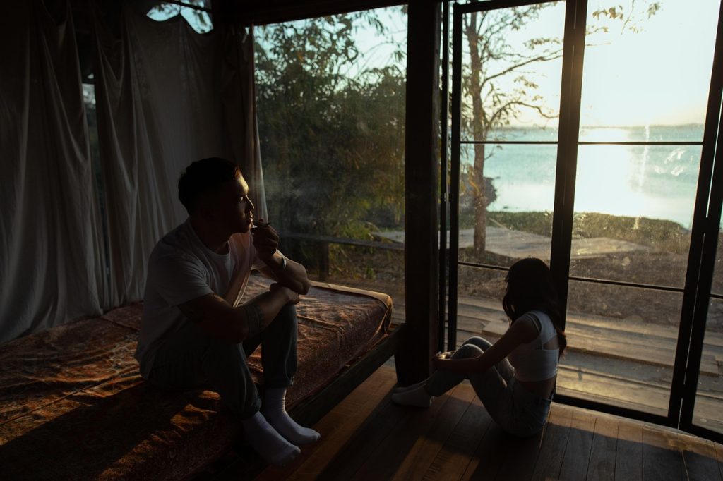 couple, nature, bed, sunset, lake, room, view