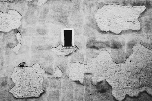 Close-up of an aged wall with cracked plaster texture in black and white.